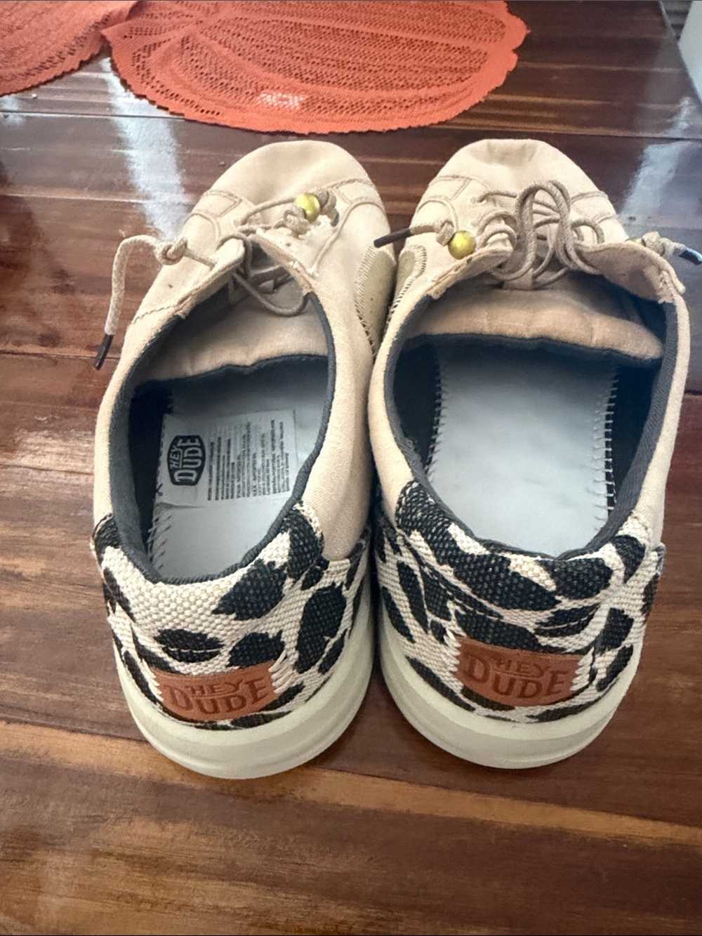 Hey Dude womens Beige Slip-On Sneakers with Black Leopard Heel size 11